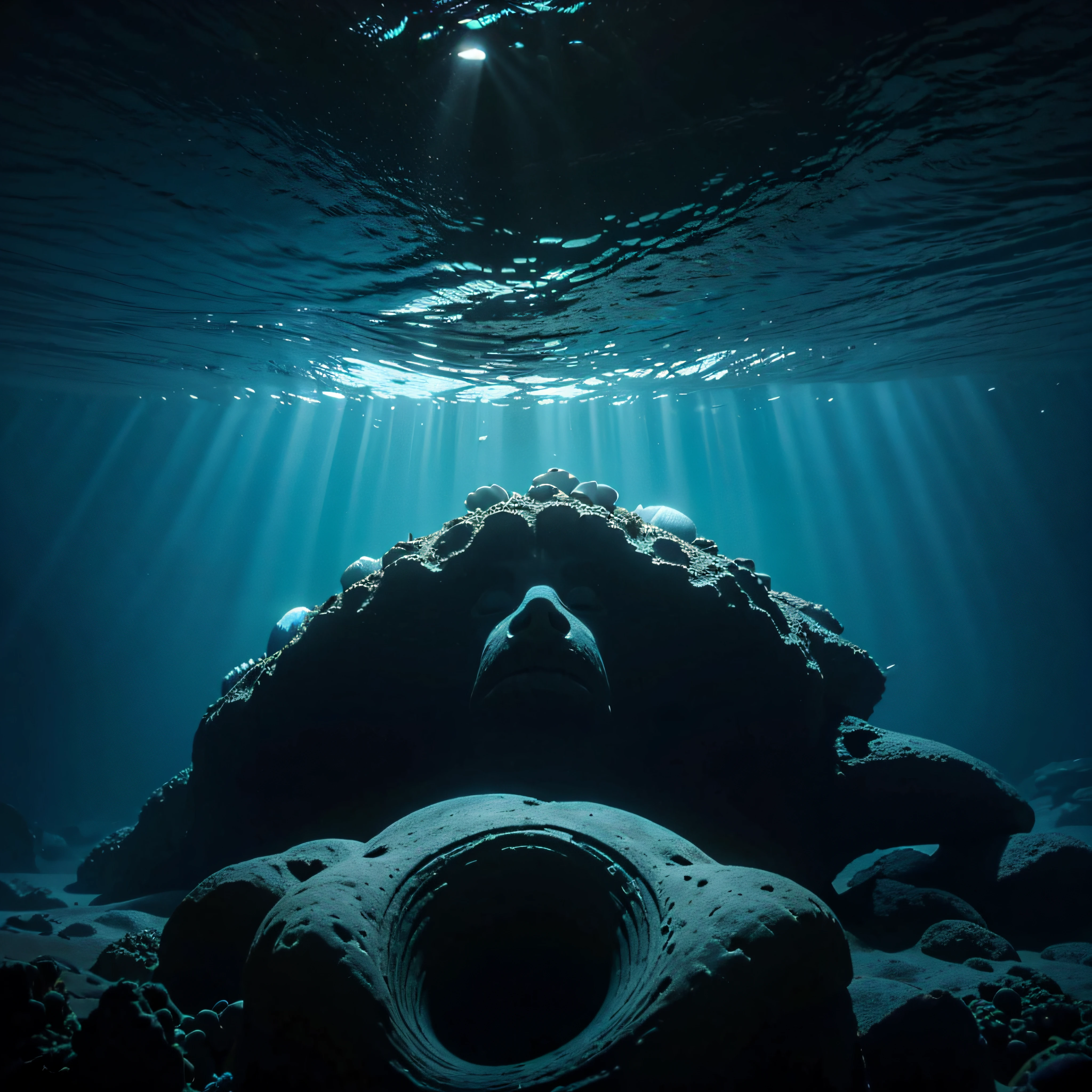 (extremadamente detallado, obra maestra, La mejor calidad, Under the Ocean), Estilo oscuro, volumetric illumination. textura de babosa, piel de caracol. ahogados flotando de fondo. Rococo composition.