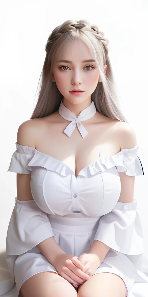 Best quality, highly detailed, masterpiece, super detailed, (realism: 1.2), 1 girl, (white background), simple background, delicate eyes, silver hair, purple eyes, hair_ornament, (white off-the-shoulder shirt: 1.3), long hair, pointed ears, crown braids, expressionless face, straight hair, (++ sitting: 1.2), big breasts,