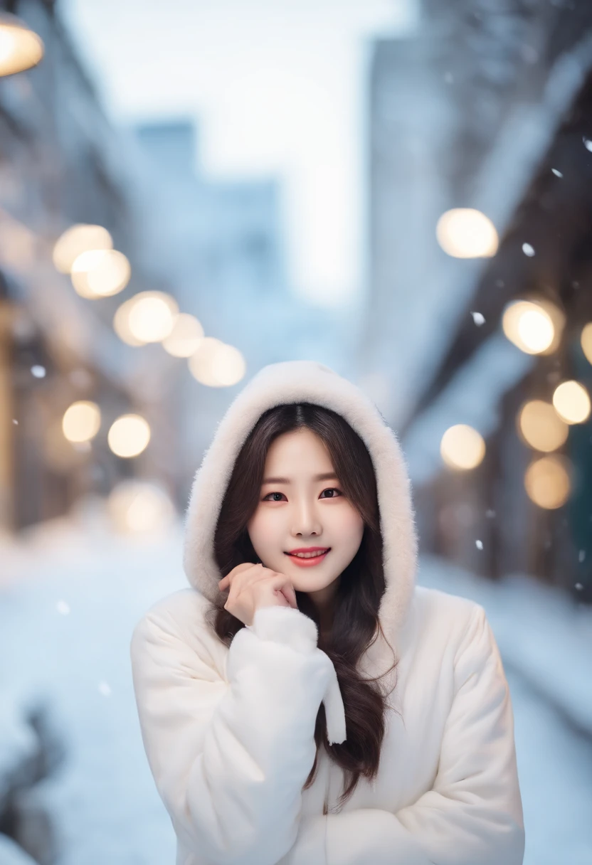 arafed woman in a white hoodie standing in a snowy city, soft portrait shot 8 k, portrait of female korean idol, jaeyeon nam, girl wearing hoodie, wan adorable korean face, young wan angel, backlit shot girl in parka, 8k artgerm bokeh, young cute wan asian face, bae suzy, young adorable korean face