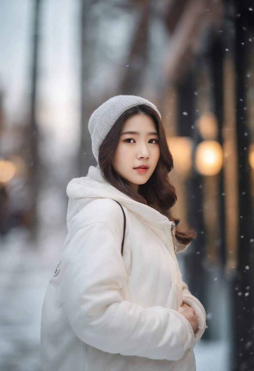 arafed woman in a white hoodie standing in a snowy city, soft portrait shot 8 k, portrait of female korean idol, jaeyeon nam, girl wearing hoodie, wan adorable korean face, young wan angel, backlit shot girl in parka, 8k artgerm bokeh, young cute wan asian face, bae suzy, young adorable korean face