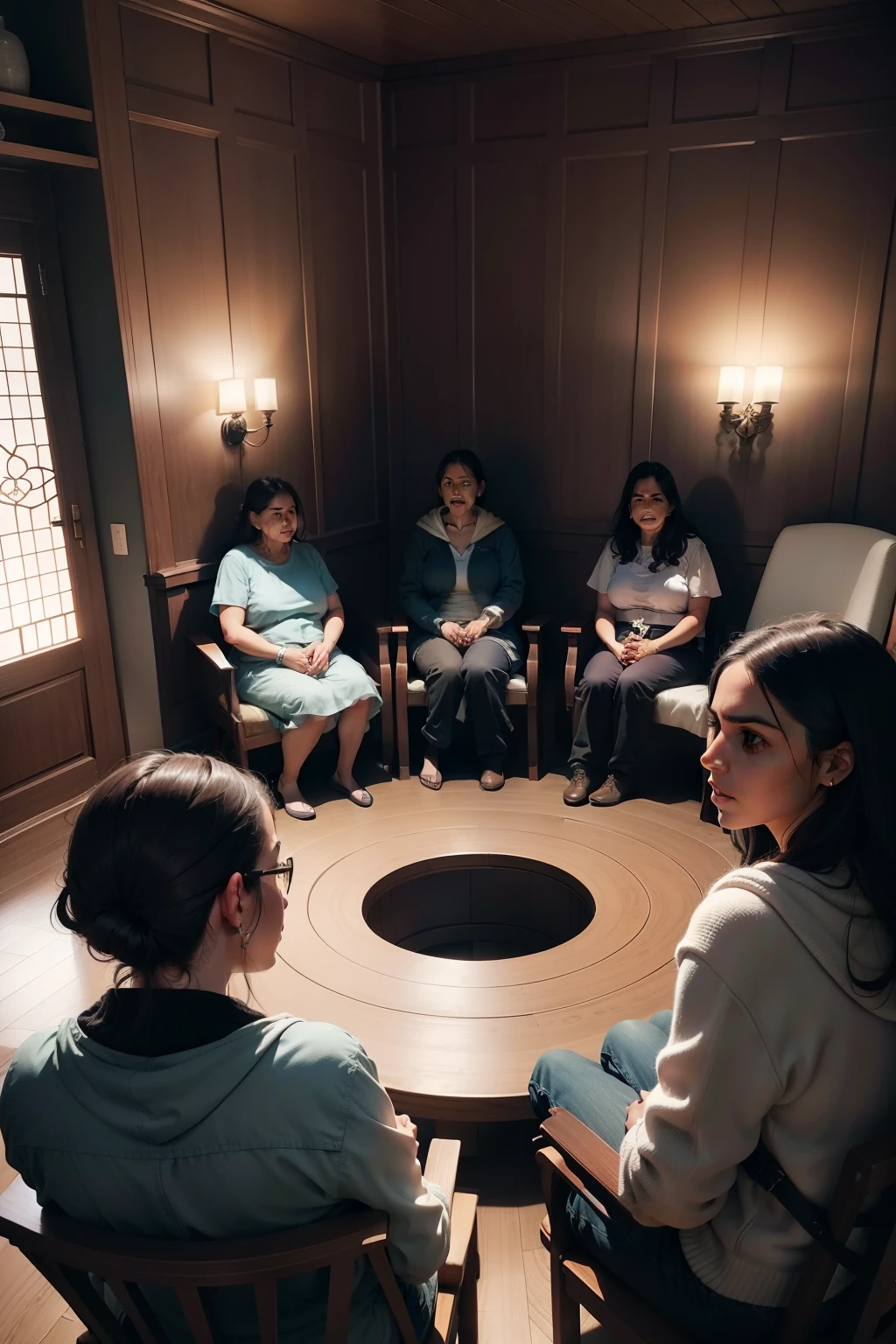 Objeto Principal: A group of people sitting in a circle, attending a group therapy session.
Fundo: A support room with chairs arranged in a circle.
Atmosfera: Encouraging and supportive, transmitindo a ideia de busca de ajuda.
Detalhes: Expressions of hope and support on people's faces.
Uplighting: Luz suave e calorosa para criar uma atmosfera acolhedora.
resolution: High resolution to capture the facial expressions and details of the room.