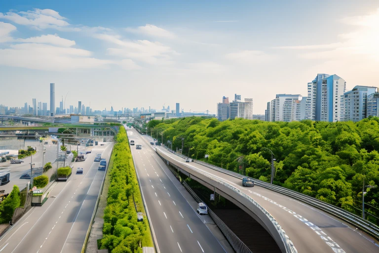 There is a bridge and a highway with several cars, the city is full of green plants, photograph of the city street, Residential area, super wide, japanese city, detailed scenery —width 672, wide long shot, wide long view, toyko, beautiful high resolution, kanagawa prefecture, tokyo futuristic and clean, Tokyo city in the background