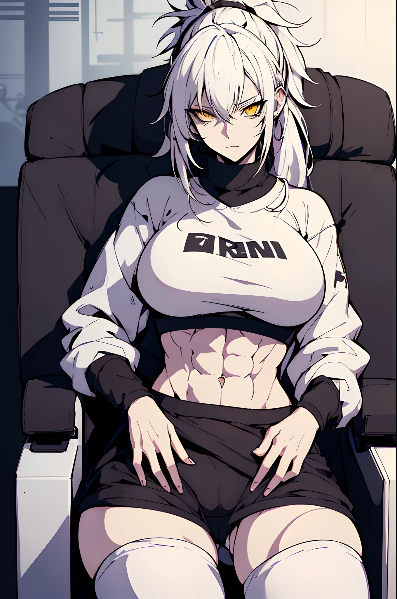 (Defaultz style), (pale skin, yellow eyes, white hair, ponytail messy hair, big ass, big Breasts, (tight abs), skinny body), (cropped sweatshirt, panties), (masterpiece), best quality, expressive eyes, perfect face, detail eyes, siting on gaming chair, ((fingers to side, shows size))