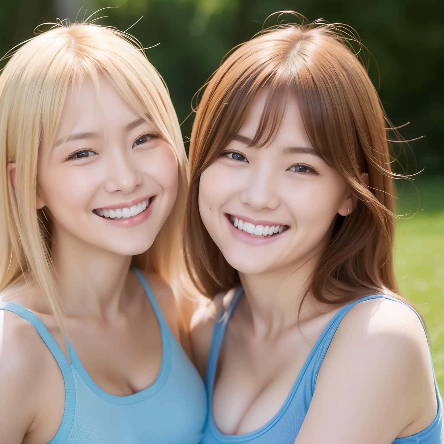 top-quality、Two girls smiling、Pushing each other face to face、Colossal tits、a blond