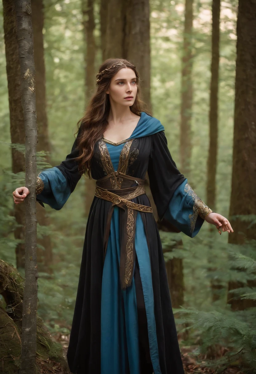 "Generates an anime-style image, inspired by genshin impact, 1 woman, full body, representing Seraphina Aelindë, a noble knight hospitaler of the Order of Saint John of Jerusalem and an elf of profound beauty. In the image, Seraphina is standing standing in an ancient Forest, surrounded by tall and mysterious trees. Her long, luminous brown hair falls in intricate braids over her shoulders, with golden sparkles that magically capture the light. Her eyes of an intense and heavenly blue look with compassion and determination towards the horizon. He wears a black robe with a white pate cross on the left chest, and a black hooded cloak billowing slightly in the forest breeze. His hands gracefully hold the hilt of a sword, symbolizing his bravery and commitment with protection. The image captures Seraphina's serene and noble presence, as she radiates a deep connection to nature and the magic that surrounds her."
