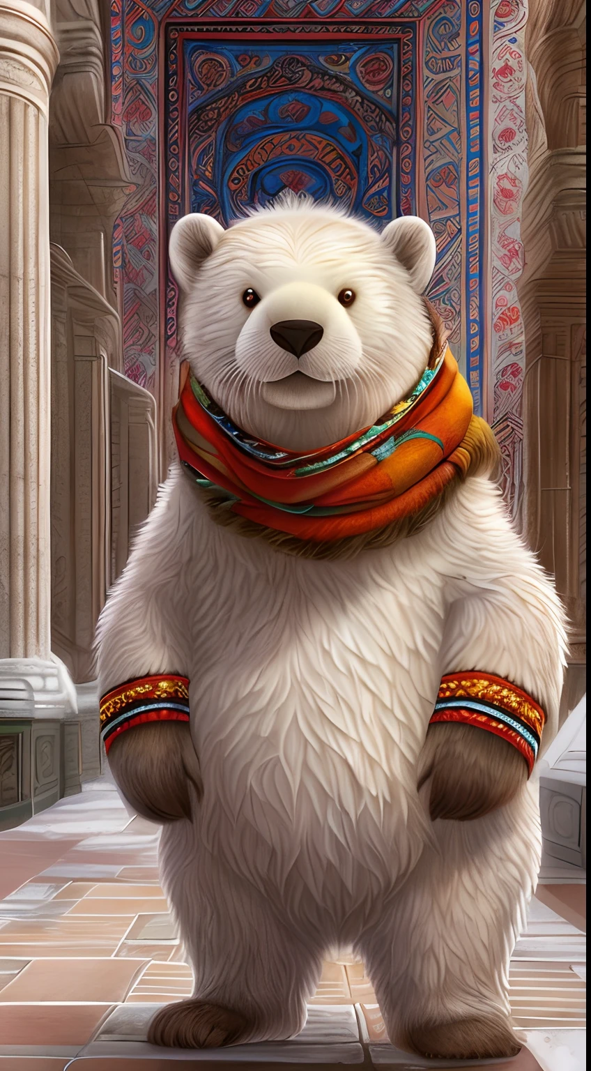 full height portrait, a (fluffy:1.4) monster [ otter : polar bear ], (big ears: 1.4), white scarf, red bell-bottomed trousers, pants in the style of 70, (masterpiece:1.2) , (fashion catwalk), best quality, intricate details