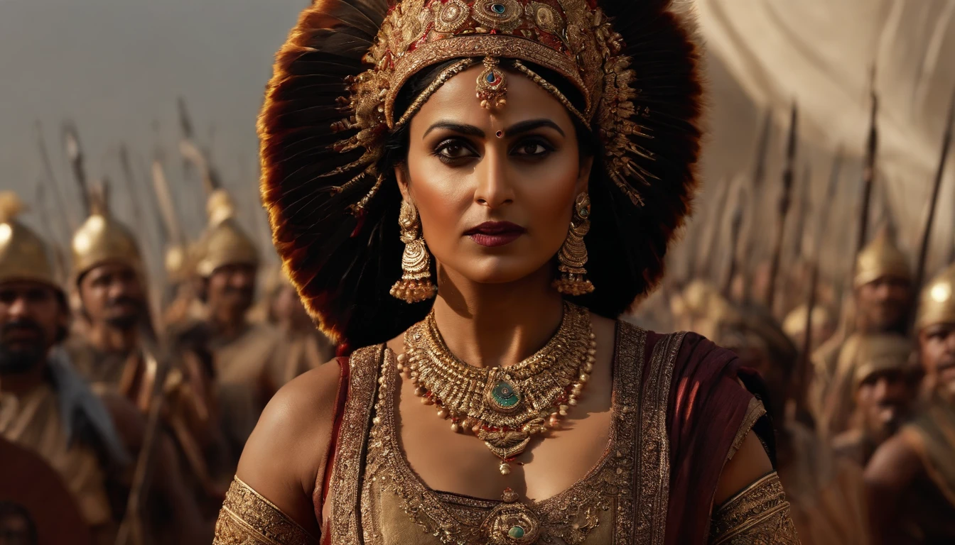 {It vividly depicts the rebellious queen Rani Lakshmibay dressed in traditional 19th-century Indian combat attire, Lead her troops into fierce battles，The moment she was hit in the abdomen by a bullet}, Realistic style, Artistic inspiration by Greg Rutkowski, camera: Medium telephoto, Shot: Wide, Rendering-related information: (hyperrealistic 3 d render:1.16), (rootkowski:1.1), (Intricate details:1.2), (Oil painting:1.3)