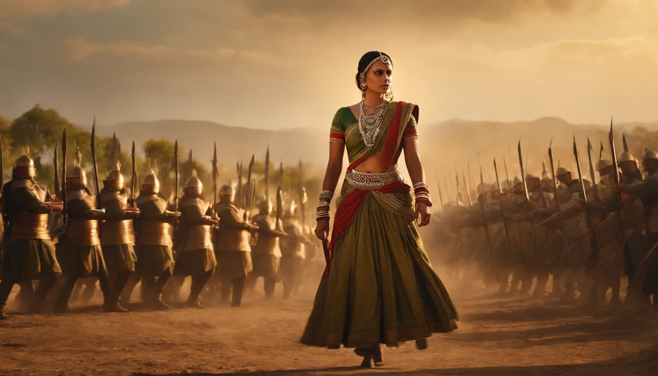 {It vividly depicts the rebellious queen Rani Lakshmibay dressed in traditional 19th-century Indian combat attire, Lead her troops into fierce battles，The moment she was hit in the abdomen by a bullet}, Realistic style, Artistic inspiration by Greg Rutkowski, camera: Medium telephoto, Shot: Wide, Rendering-related information: (hyperrealistic 3 d render:1.16), (rootkowski:1.1), (Intricate details:1.2), (Oil painting:1.3)