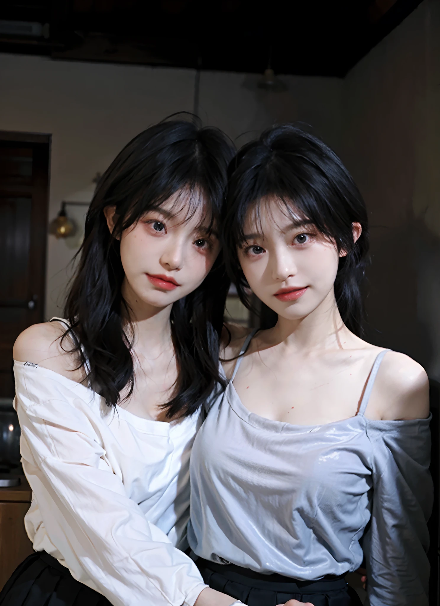 best qualtiy， 超高分辨率， （realisticlying：1.4）， 2 girls， A pair of clear and flexible eyes，Off-shoulder white shirt， The two girls hugged each other，Black tight skirt，  （Faded gray-gray hair：1.4）， （big cleavage breasts：1.2）， looking at viewert， closeup cleavage ，