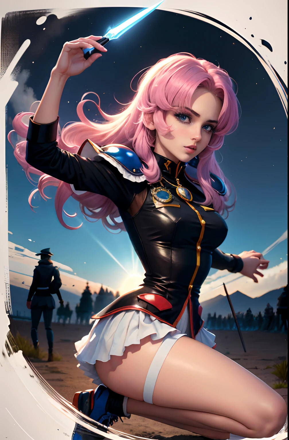 Una chica lucha en un campo de batalla de miles de soldados ,(obra maestra, La mejor calidad, detallado), 1girl, solamente, mirando al espectador,hierba, luz del sol, tenjou utena,waifu, mirada enfadada, charreteras, Aiguillette, chaqueta negra, pantalones cortos rojos, Calcetines rojos, rosa blanca, Calzado,Pose de espadachin,espada,manos muy detalladas,manos hiperealistas, fondo detallado, fondo realista, fondo realista de un jardin con rosales, Cara realista, ojos detallados,hermosos ojos azules,expresion decidida y enfadada, beautiful woman, Cara hermosa, mujer sujetando una espada,fight pose, pose blandiendo espada