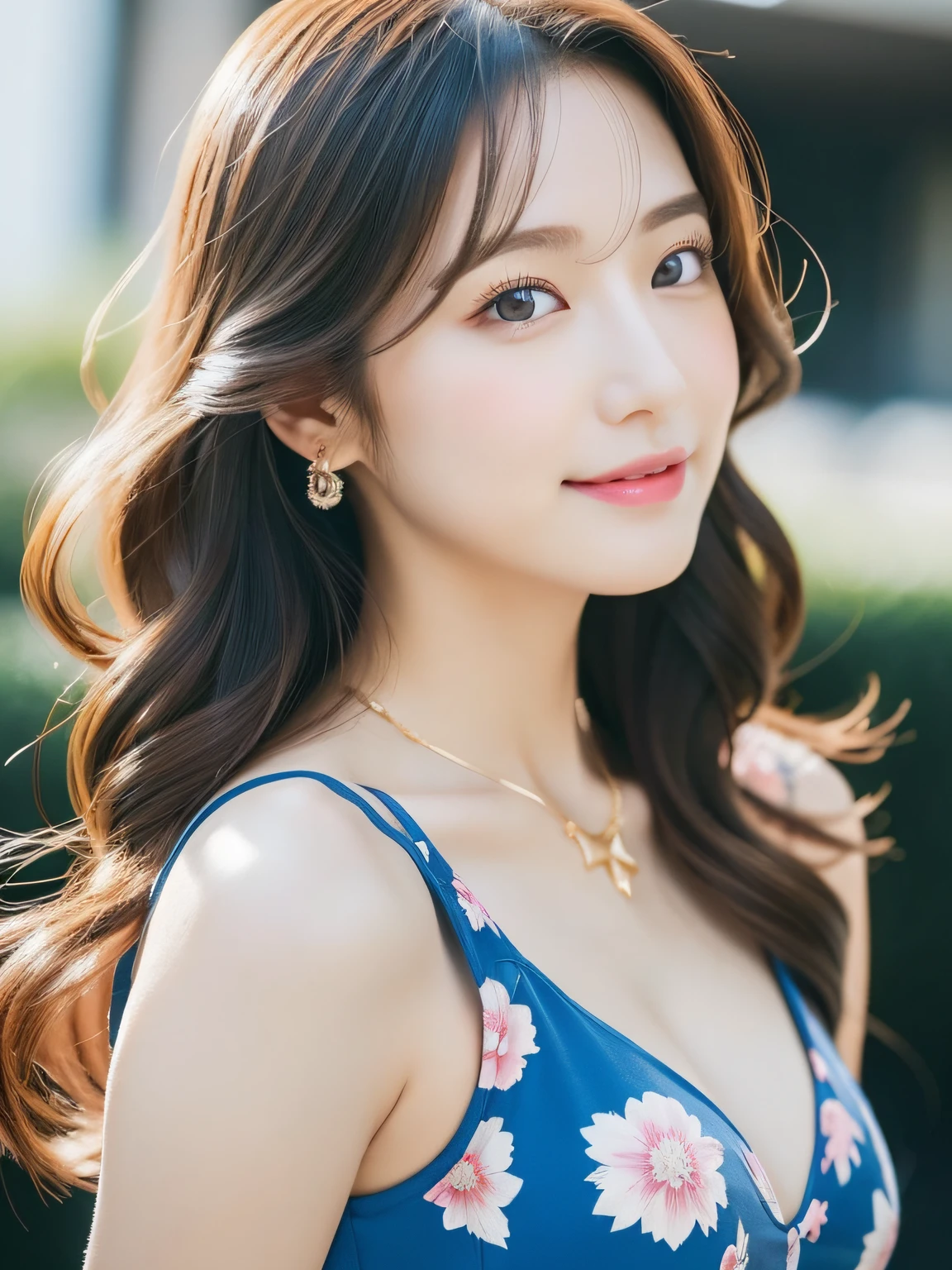 (((8Very high resolution in K, high detailing, highly accurate, masutepiece,1girl with))),Photography ,shinny skin,Beautiful skin,fine-grained white skin,Detailed face,Cute azure eyes drawn in detail,Very cute eyes,Detailed lips、shiny beautiful lips,Beautiful eyebrows、Best Natural Makeup,Japan idle,韓国アイドル,(Colossal tits,very shapely breasts)、Very beautiful lines from head to foot(,Posing with a beautiful back,)Luxury Ornaments,a necklace,Bracelets, the ring, piercings))),Adornments designed to the smallest detail,Very cute and skimpy dresses for girls ,Summer Fashion,full body photographed,a very beautiful japanese girl,17 age,Blue Base Fabric Sheer Dress,Beautiful big floral dress,Very cute 17 year old girl,Shiny wearing beautiful heel sandals with detailed details,very beautiful brown hair,Wavy Medium Hair,Moisturized eyes,Gentle smile,watching at viewers, Innocence,(((photorealisim,Turn the camera from top to bottom,,Beautiful immature body))),Reality Live Action,nailart,(Stick out beautiful buttocks,Backshots,facing back,turned around,超A high resolution、Natural and realistic face、high detailing),and soft natural lighting