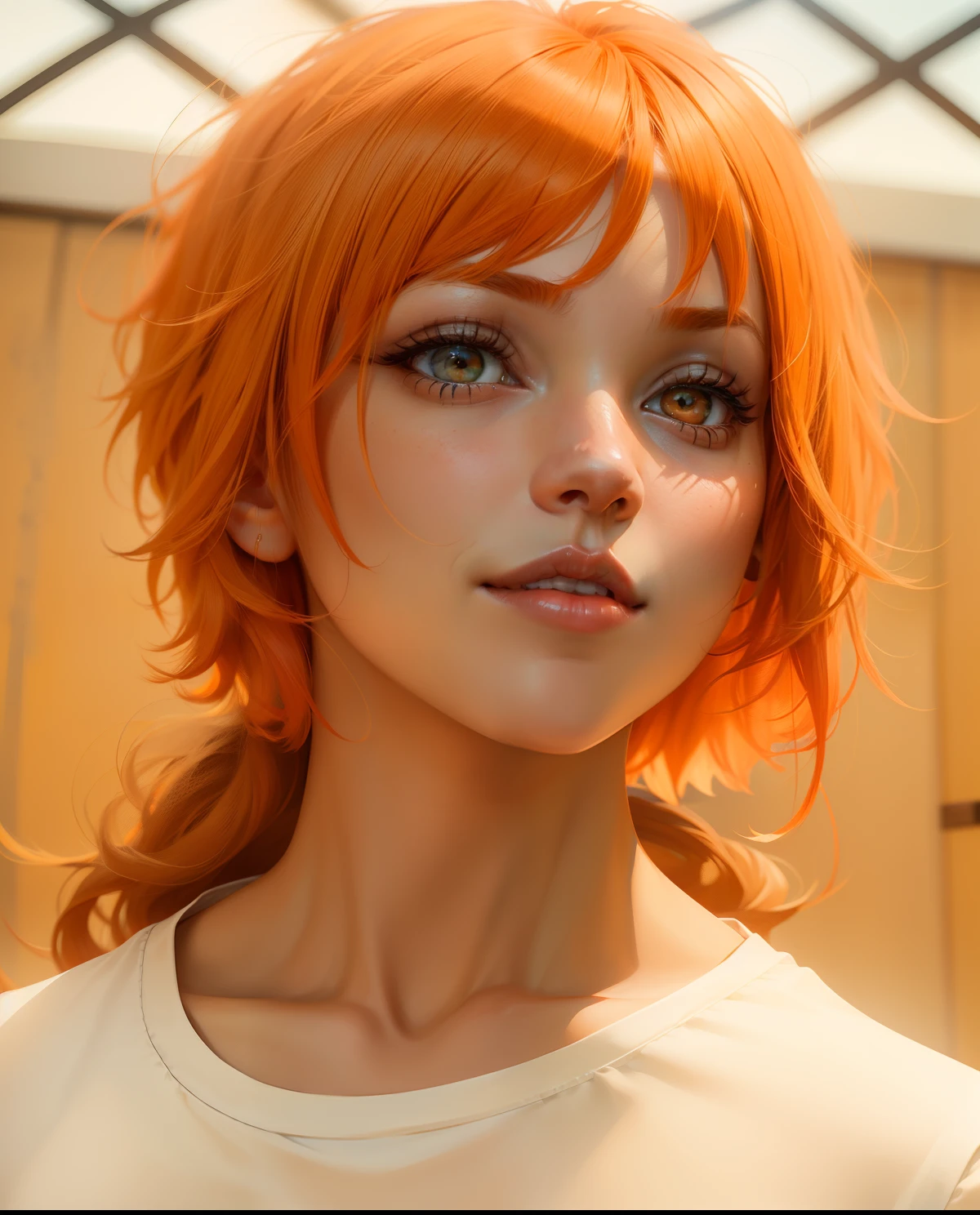 Nami, beautiful girl with short orange hair, wearing a clean white t-shirt, beautiful eyes, bright orange pupils, normal sharp nose, thin lips with a warm smile, midjourney style super realistic hyperrealistic detail photography, perfect photos, perfect drawing, perfect resolution, perfect eyes, ultra realistic