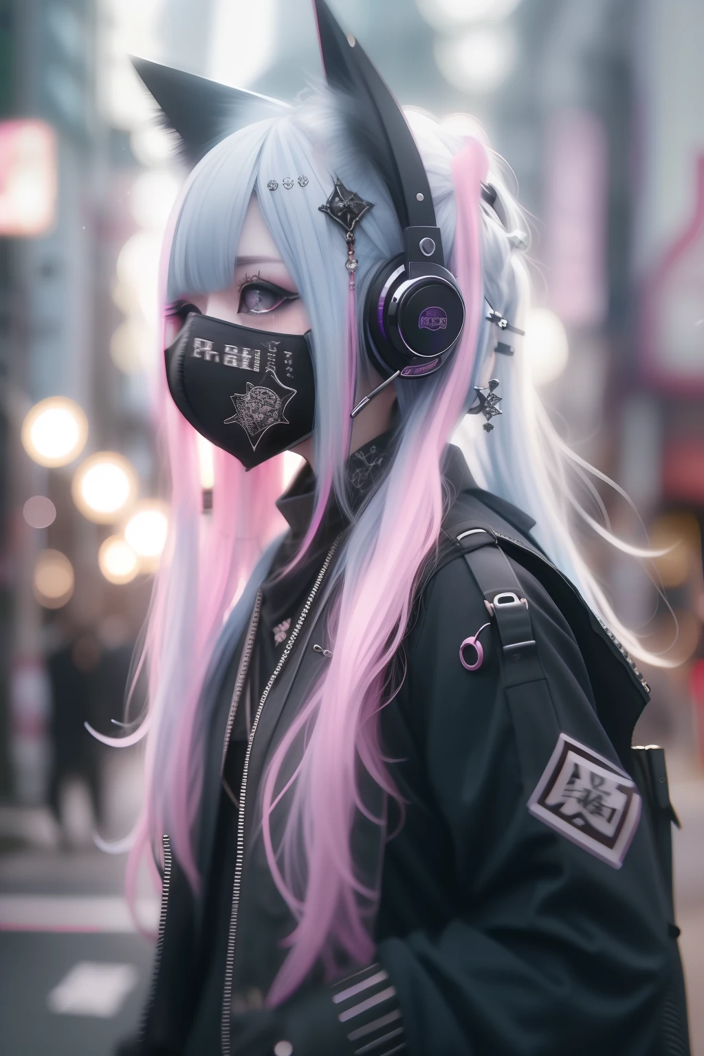 head phone、A pink-haired、blue hairs、goth_punk, 1girl in, 独奏, medium shot, Walking in Harajuku, ((during night)), bokeh dof, Neon light, Iridescent eyes, starrysky, White shiny hair, White eyebrows, Radiant hair, (iridescent white hair), 耳Nipple Ring, bangss, jewely, masks, bluntbangs, verd s eyes, Mouth mask, blurry backround, bblurry, hair adornments, Look at viewers, shorth hair, portraitures, side locks