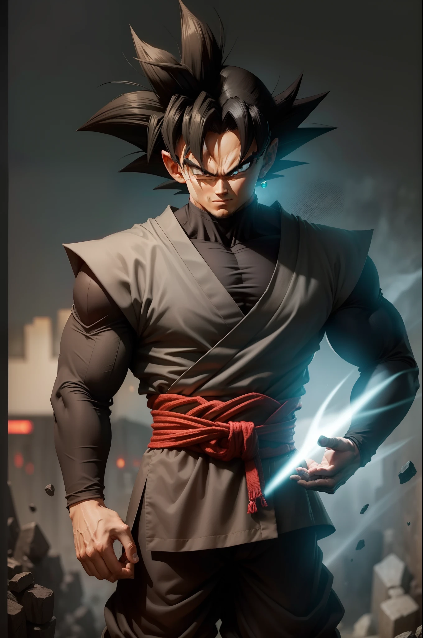 Hair and Eyes: Goku Black Super Saiyan 4 displays an impressive and intimidating appearance. Her hair is a deep black, contrasting sharply with the peach skin of her face. Her hair, now longer than usual, falls in wild, disheveled strands that reach her shoulders. However, unlike the standard Super Saiyan 4 form, Goku Black keeps a lock of hair hanging boldly over his forehead, adding a touch of rebelliousness to his appearance.

His eyes are the most distinguishing feature. Instead of the typical brown or black eyes, Goku Black's eyes glow with an intense, unearthly golden aura. The dark pupils are like obsidian orbs surrounded by this golden glow, conveying a sense of supreme power and controlled malice.

Costume: Goku Black wears a costume reminiscent of the Saiyan style, but with a darker twist. He wears a long-sleeved, black-colored gi (martial arts kimono) that fits his slim figure. The gi is adorned with gold accents, including the Saiyan symbol on the back. A red sash tied tightly around her waist adds a pop of color to the outfit.

Aura and Energy: An aura of black and red energy emanates from Goku Black, enveloping him in a dark, ominous haze. Energy flows around him, creating a menacing appearance that is in complete harmony with his malevolent personality.

Determined Gaze: Goku Black looks towards the horizon with a determined and confident gaze. His smile is subtle, revealing his confidence in his unrivaled strength.

Combat Stance: Goku Black is in a combat stance, with one fist clenched at his side and the other raised, ready to launch a powerful attack at any moment. His hands, enveloped in dark energy, glow with the promise of destruction.

This version of Goku Black in Super Saiyan 4 form combines the character's intensity and darkness with the powerful Super Saiyan 4 transformation, creating an imposing and fearsome presence. His raven hair, golden eyes, sinister aura, and distinctive attire combine to create a unique visual representation of thi