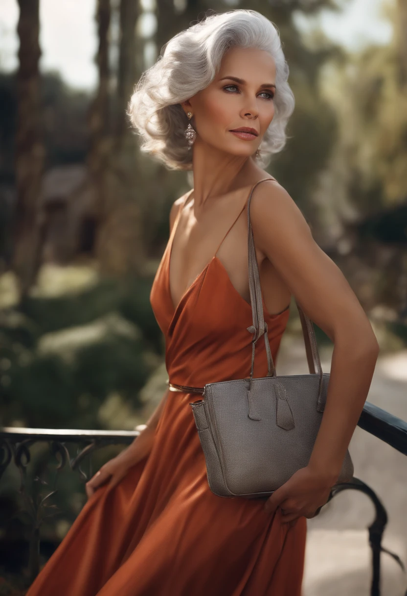 Silver-haired woman in dress, 1womanl, Solo, sun skirt, Photorealistic, Realism, Realistic, Human