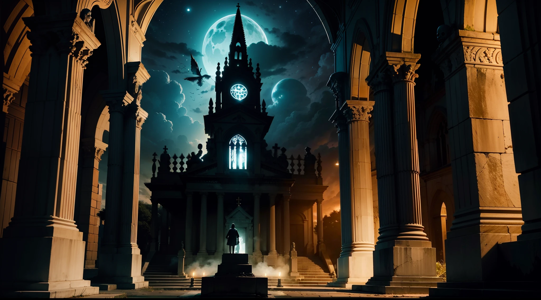 FANTASMAS EM UM CEMITERIO, NOITE DE TROVOADAS , MUITOS RAIOS , NOITE, CATEDRAL