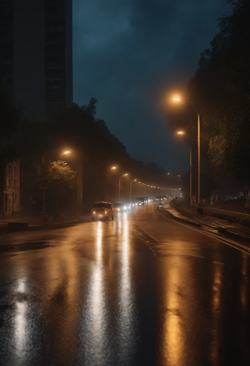 Rainy night .. street lights on and full realistic view 8k and car crossing in speed.. add some radial blur and fully detailed road