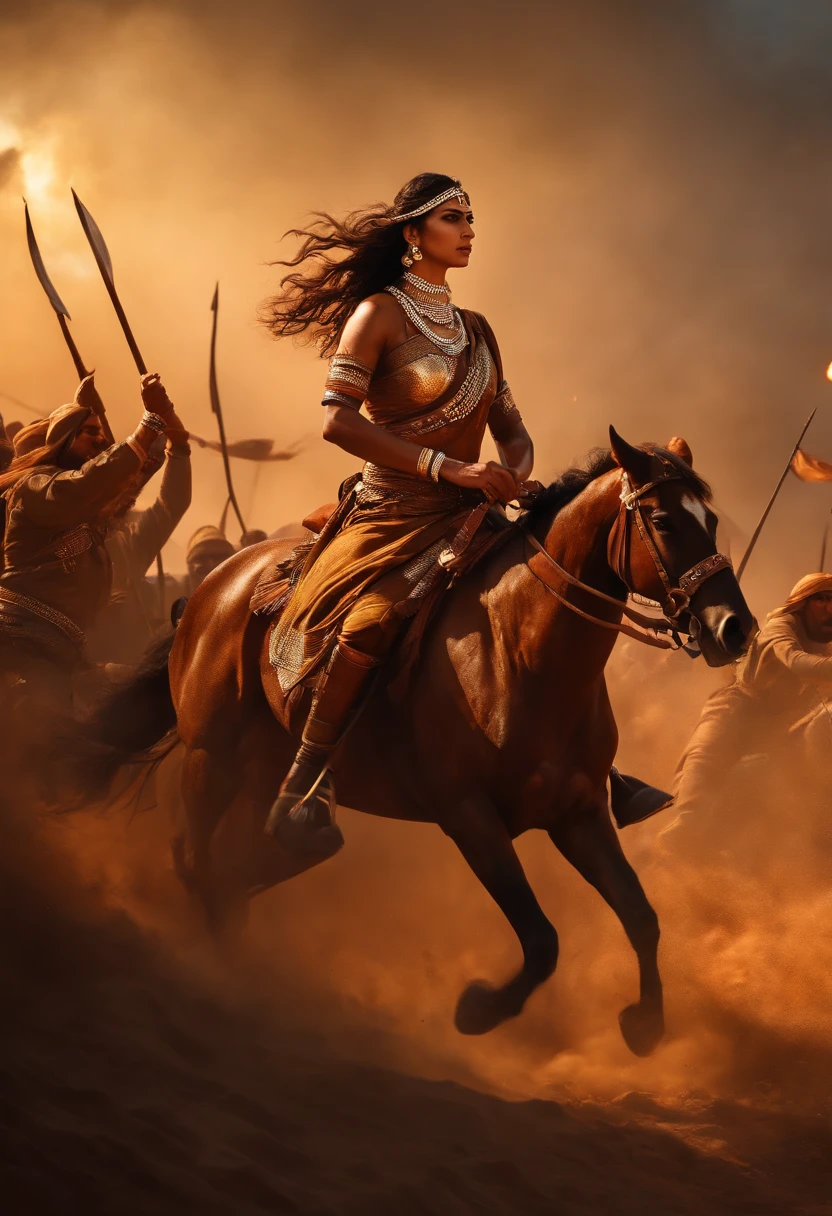 (Masterpiece, 8K, hyper HD, photo-realistic, Greg Rutkowski inspired:1.3), Rani Lakshmibai, (intense brown eyes:1.2), adorned in (traditional battle garb:1.2), wielding spears, A rallying call was issued to her troops。 backdrop of tumultuous battlefield, British soldiers advancing, cannon fire, smoke-filled sky, (glowing embers in the air:1.1), Dramatic angle, Side view.
