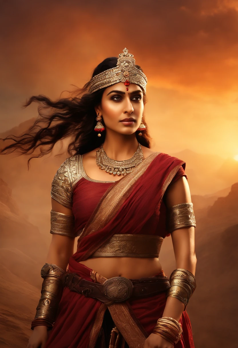 (Masterpiece, 8K, hyper HD, photo-realistic, Greg Rutkowski inspired:1.3), Rani Lakshmibai, (intense brown eyes:1.2), adorned in (traditional battle garb:1.2), wielding spears, A rallying call was issued to her troops。 backdrop of tumultuous battlefield, British soldiers advancing, cannon fire, smoke-filled sky, (glowing embers in the air:1.1), Dramatic angle, Side view.