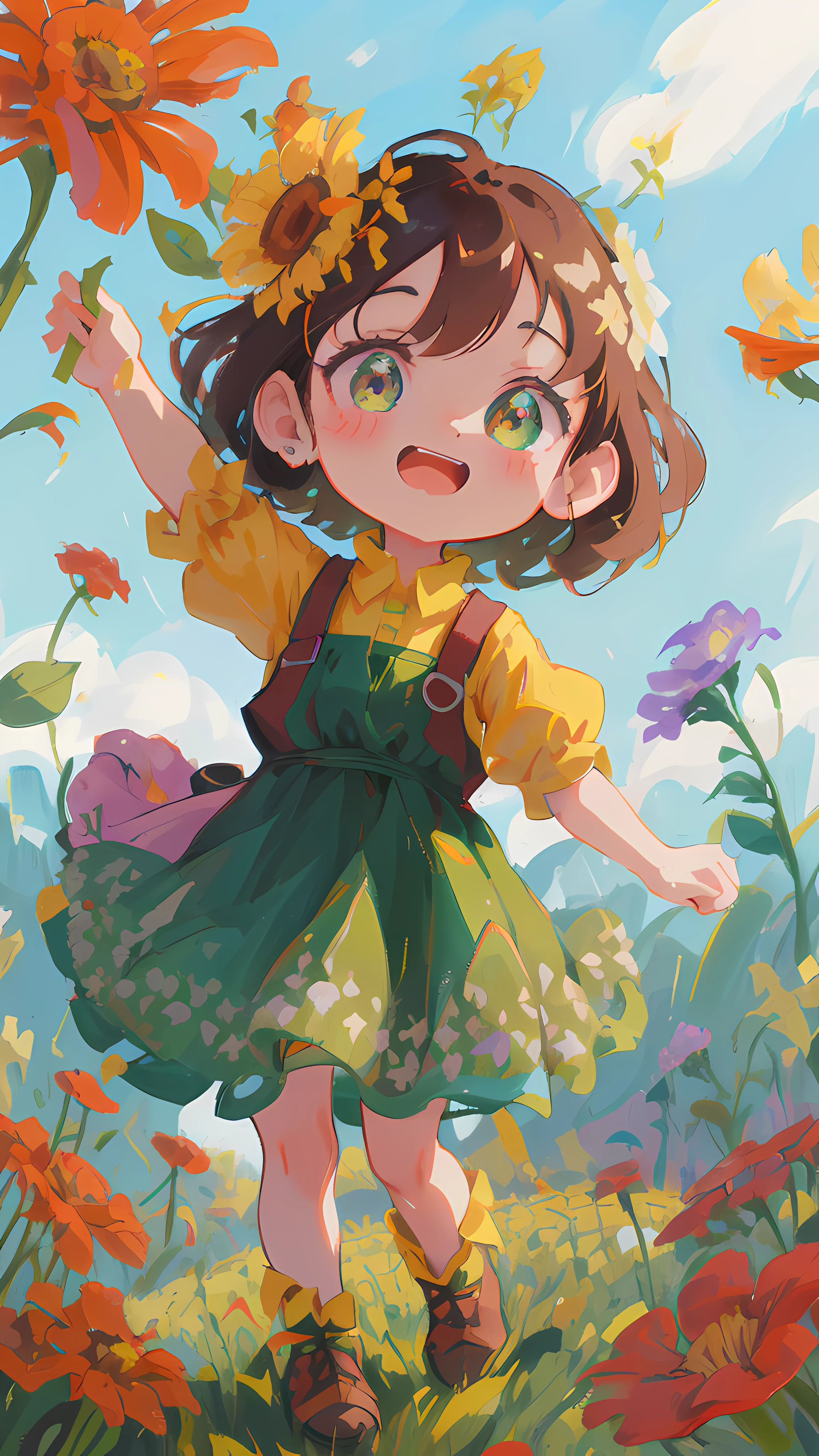 cartoon girl in a green dress and yellow shirt holding a flower, childrens art in artstation, cute detailed digital art, adorable digital painting, cute art style, cute detailed artwork, girl in flowers, cute digital art, girl in a flower field, full body portrait of a short!, girl dancing in a flower field, a beautiful artwork illustration