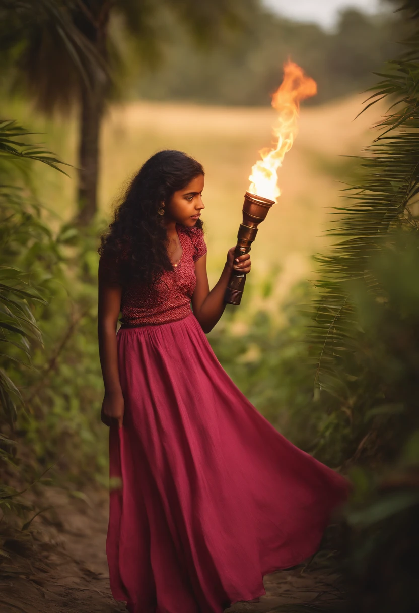 panoramic long shot of a cute 13 year old indian girl, looking at the viewer in a playful gaze, coming from a lush jungle, old classic , wavy black hair, pin up style, intricate, detailed, DSLR camera , 8K UHD, deep blacks, post processing, nubian nose, protruding teeth, wearing tight cloth, pink top, Dark red Maxi Skirt, kissing the viewer, holding a flaming torch in one hand