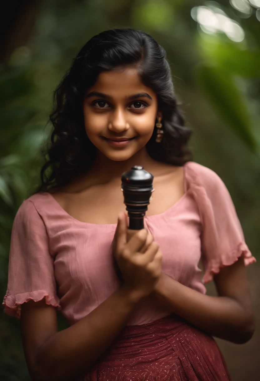 panoramic long shot of a cute 13 year old indian girl, looking at the viewer in a playful gaze, coming from a lush jungle, old classic , wavy black hair, pin up style, intricate, detailed, DSLR camera , 8K UHD, deep blacks, post processing, nubian nose, protruding teeth, wearing tight cloth, pink top, Dark red Maxi Skirt, kissing the viewer, holding a flaming torch in one hand