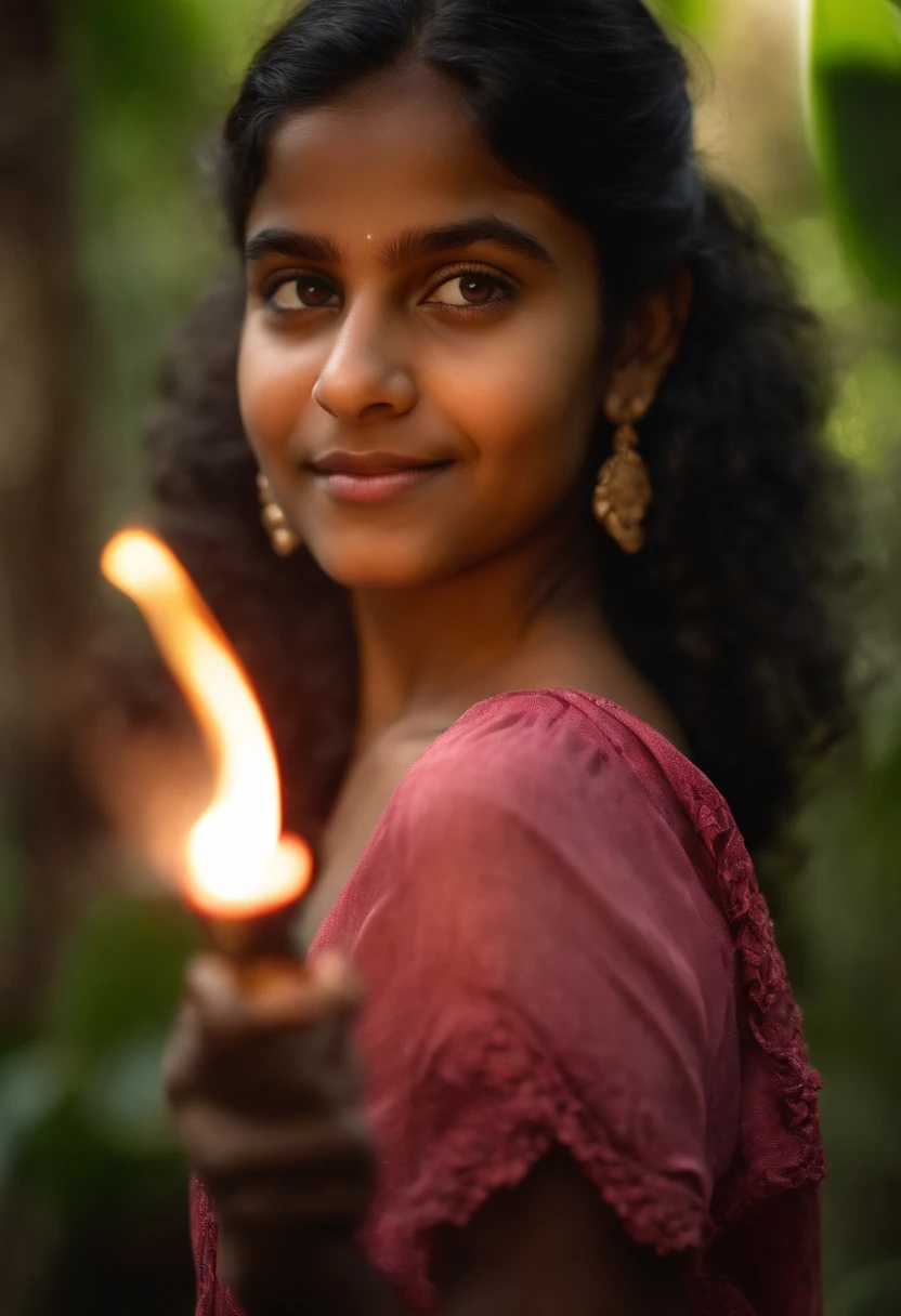 panoramic long shot of a cute 13 year old indian girl, looking at the viewer in a playful gaze, coming from a lush jungle, old classic , wavy black hair, pin up style, intricate, detailed, DSLR camera , 8K UHD, deep blacks, post processing, nubian nose, protruding teeth, wearing tight cloth, pink top, Dark red Maxi Skirt, kissing the viewer, holding a flaming torch in one hand