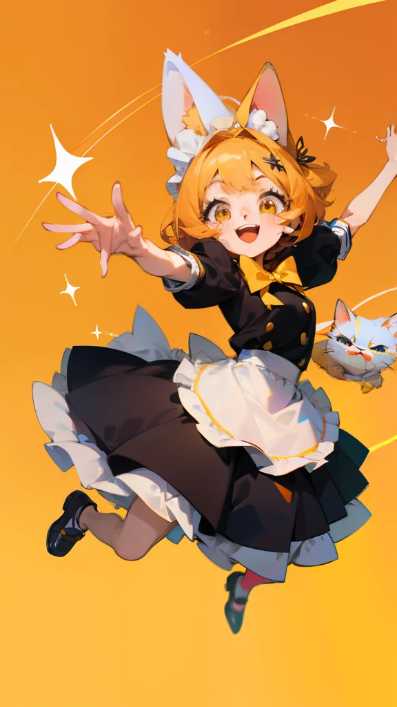 Chica gato kawaii, ojos marrones, pelo corto marron, dynamic poses, ilustracion colorida, fondo colorido, ojos grandes brillantes, cara angelical, sonrisa enorme, chica inocente, traje kawaii, Cola de gato, Orejas de gato, Pose kawaii, 18 yo girl, traje de maid, sirviendo algo