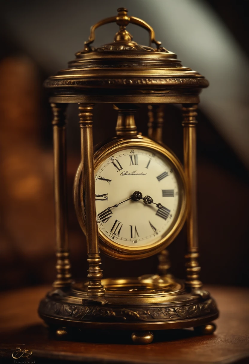 Uma clareira, com um pedestal no centro. No pedestal, an antique pocket watch.