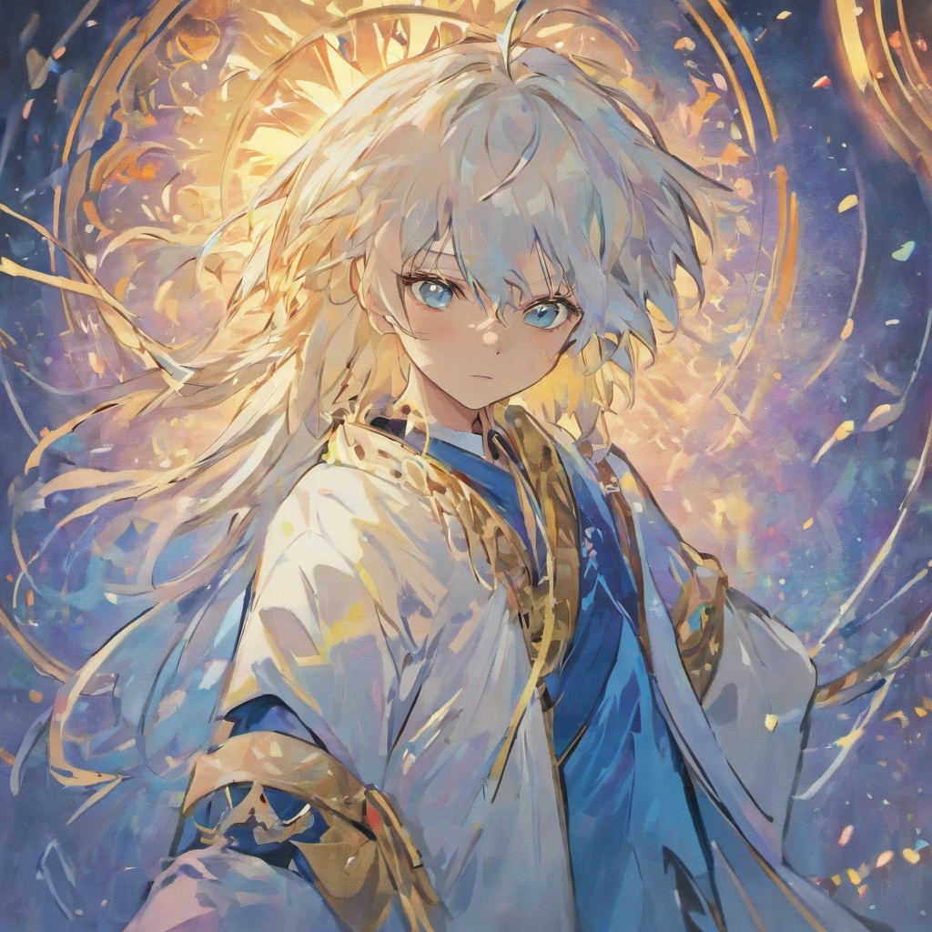foto inteira, 1 homem, cabelo branco, olhos azuis, com uma capa
