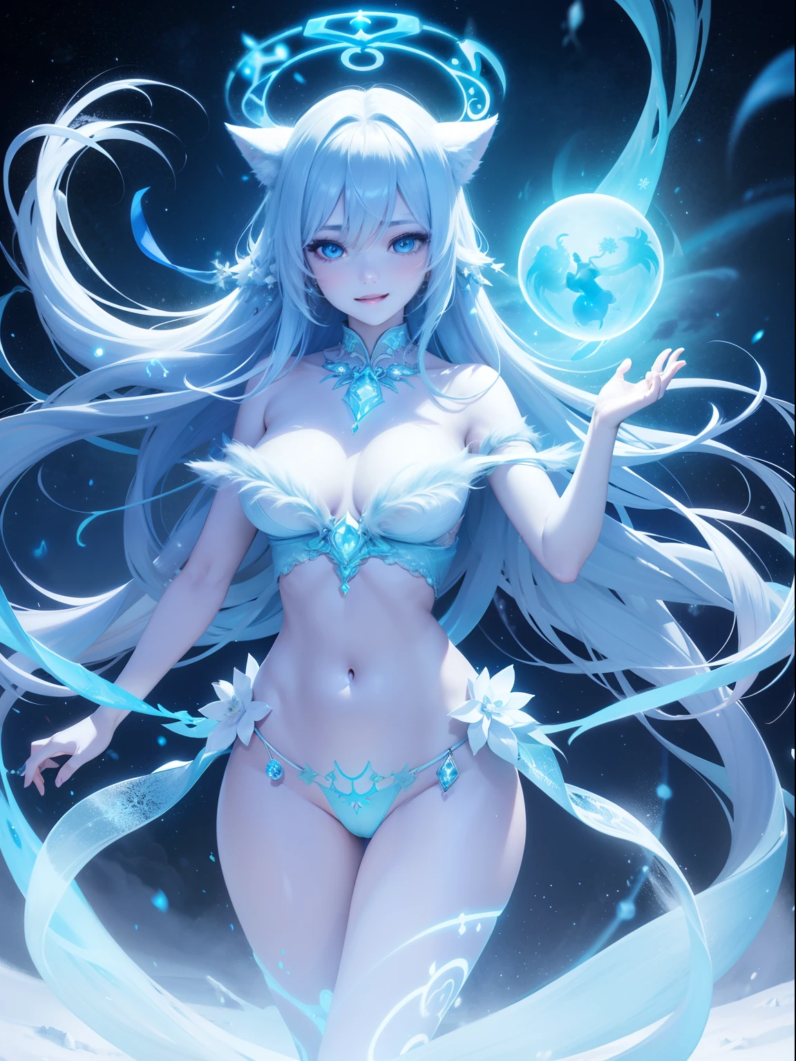 Glowing Woman hposing Gravure Idol a beauty girl Smiling sky blue hair Long Mystical Fictional creature chimera
Spirit of Polar Light
World of ice and snow
The power of light and magic
Guardian of nature
Symbol of good luck or blessing
Butoh and music
Fantastic existence
Polar Fairy
Arctic and Antarctic
Beauty and mystique