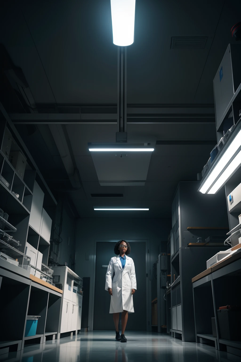 Doctor Mia is a black scientist who works in a lab building a robot. de corpo inteiro, detalhes muito altos, 8K, profundidade de campo, fotografia behance , cinematic color grading, cinematic  composition, alto contraste, 5D, estilo pixar, ultra sharp, luzes globais, retoque, 3D, -uplight ​