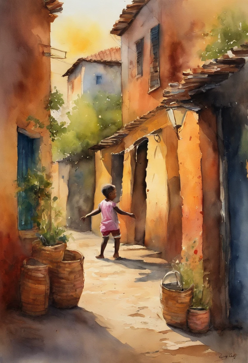 Create a watercolor image that captures the joy and liveliness of a child from the outskirts of São Paulo playing hide-and-seek. The child should be portrayed wearing simple and colorful clothes, barefoot, in a characteristic urban setting of the outskirts, such as a street with colorful houses and graffiti. The scene should depict the child hiding behind some improvised object, like a trash can or a brick wall, with a mischievous smile on their face while friends eagerly search for them. The sunlight should filter through nearby trees, creating soft shadows and highlighting the vibrant colors of the scene