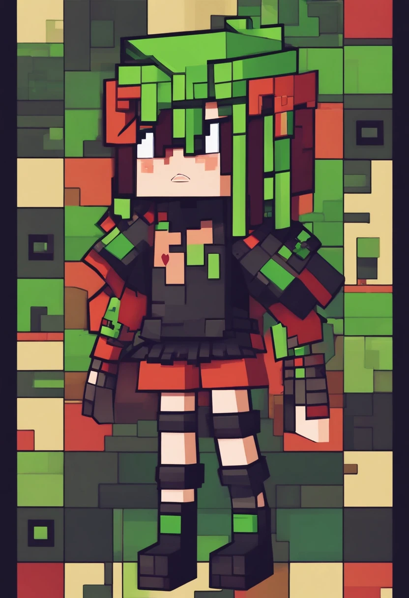 me crie um personagem feminino com cabelo verde comprido, tatuagem no corpo, usando um moletom preto com detalhes vermelhos