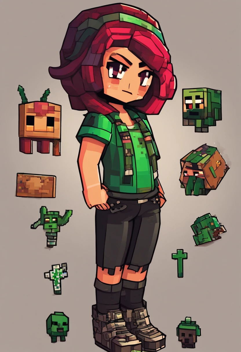 me crie um personagem feminino com cabelo verde comprido, tatuagem no corpo, usando um moletom preto com detalhes vermelhos