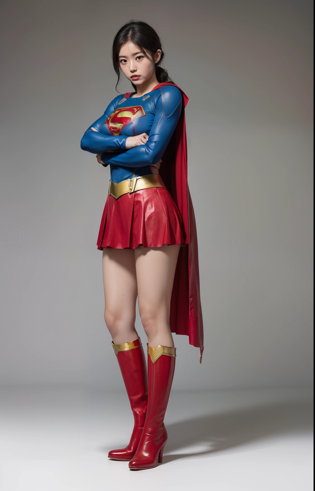 (((Make the most of the original image)))、(((Supergirl Costume)))、(((lustrous dark hair)))、(((Suffering)))、(((Feet must necessarily be worn with black tights)))、(((You need to wear red boots)))、((Top image quality、8K))、((top-quality、8K、​masterpiece:1.3))、Crisp focus:1.2、Beautiful woman with perfect body shape:1.4、Slender Abs:1.2、((layers-Cut、large boob:1.2))、a wet body:1.5、Highly detailed facial and skin texture、