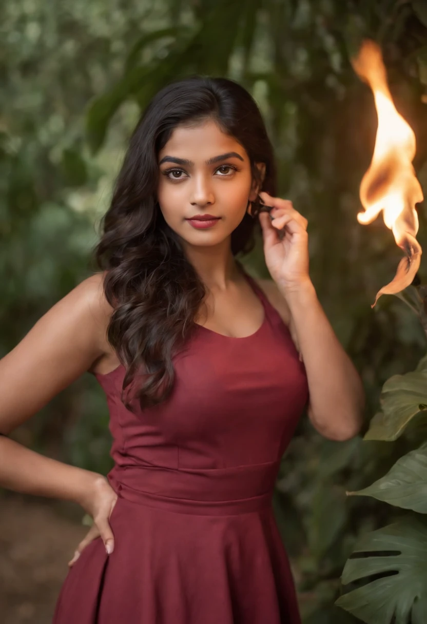 panoramic long shot of a cute 13 year old indian girl, looking at the viewer in a playful gaze, coming from a lush jungle, old classic , wavy black hair, pin up style, intricate, detailed, DSLR camera , 8K UHD, deep blacks, post processing, nubian nose, protruding teeth, wearing tight cloth, pink top, Dark red Maxi Skirt, kissing the viewer, holding a flaming torch in one hand