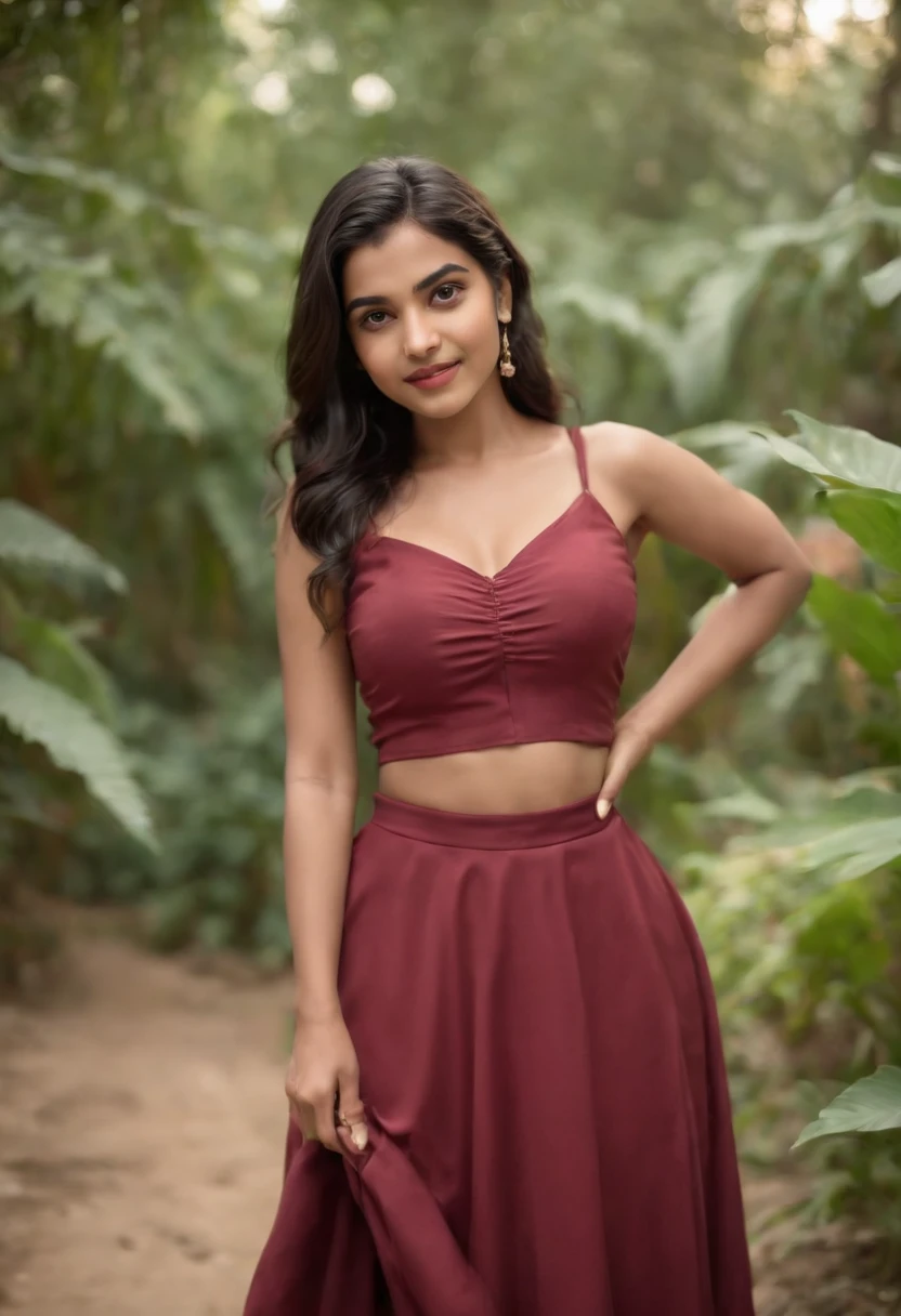 panoramic long shot of a cute  indian girl, looking at the viewer in a playful gaze, coming from a lush jungle, old classic , wavy black hair, pin up style, intricate, detailed, DSLR camera , 8K UHD, deep blacks, post processing, nubian nose, protruding teeth, wearing tight cloth, pink top, Dark red Maxi Skirt, kissing the viewer, holding a flaming torch in one hand