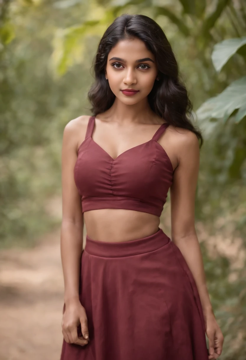 panoramic long shot of a cute 13 year old indian girl, looking at the viewer in a playful gaze, coming from a lush jungle, old classic , wavy black hair, pin up style, intricate, detailed, DSLR camera , 8K UHD, deep blacks, post processing, nubian nose, protruding teeth, wearing tight cloth, pink top, Dark red Maxi Skirt, kissing the viewer, holding a flaming torch in one hand
