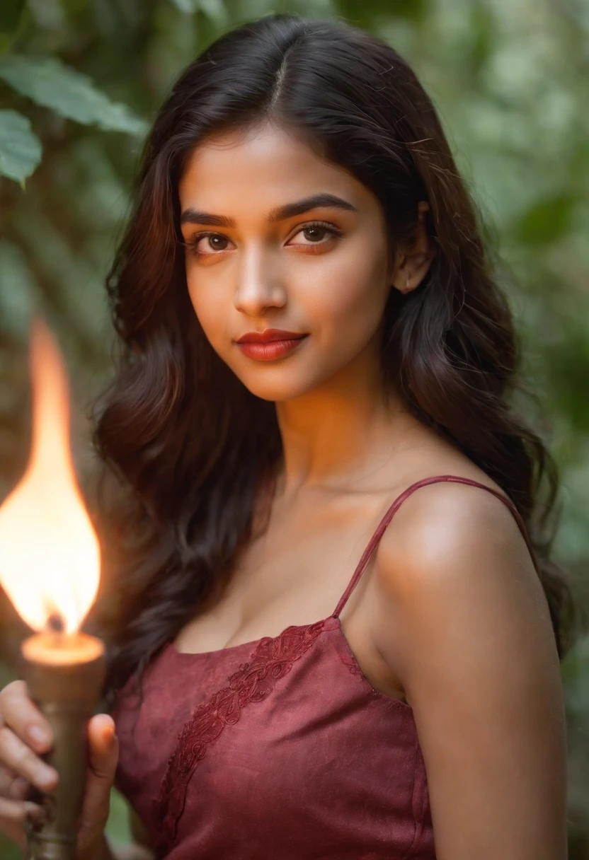 panoramic long shot of a cute 13 year old indian girl, looking at the viewer in a playful gaze, coming from a lush jungle, old classic , wavy black hair, pin up style, intricate, detailed, DSLR camera , 8K UHD, deep blacks, post processing, nubian nose, protruding teeth, wearing tight cloth, pink top, Dark red Maxi Skirt, kissing the viewer, holding a flaming torch in one hand