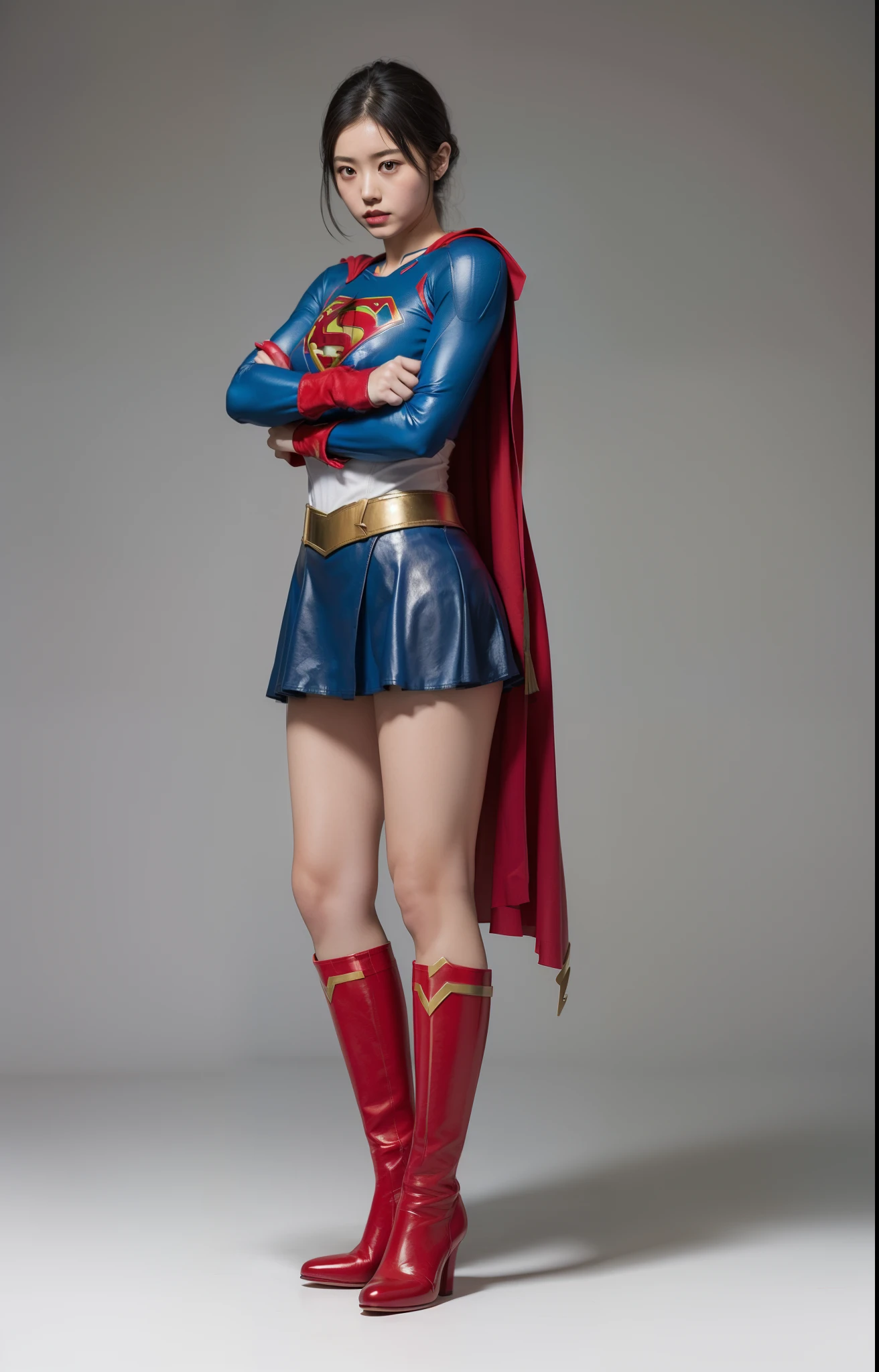 (((Make the most of the original image)))、(((Supergirl Costume)))、(((lustrous dark hair)))、(((Suffering)))、(((Feet must necessarily be worn with black tights)))、(((You need to wear red boots)))、((Top image quality、8K))、((top-quality、8K、masterpiece:1.3))、Crisp focus:1.2、Beautiful woman with perfect body shape:1.4、Slender Abs:1.2、((layers-Cut、large boob:1.2))、a wet body:1.5、Highly detailed facial and skin texture、