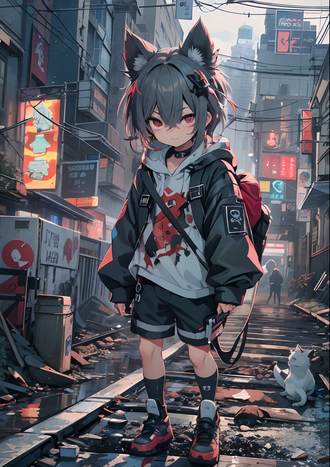 1boy,12 only、Cyberpunk Boy、katanas,machine gun、cat ear、silber hair、poneyTail、Whole body bloody、The beginning of the adventure、Into the cloud、Chaotic city of the future、ruined and devastated city、Very complex Japan buildings、railroad crossing、Warm lighting、puddles、Chaotic landscape、Beautiful and fantastic scenery、Cinematic scenery、hightquality、masutepiece,8K、hight resolution、ultra-detailliert,