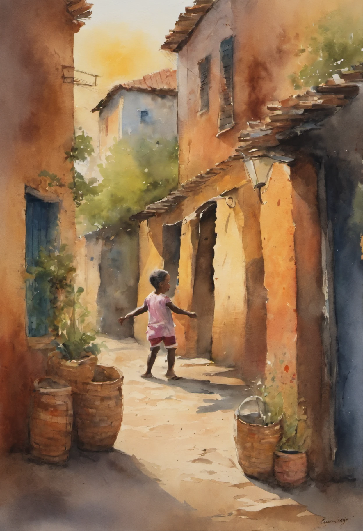 Create a watercolor image that captures the joy and liveliness of a child from the outskirts of São Paulo playing hide-and-seek. The child should be portrayed wearing simple and colorful clothes, barefoot, in a characteristic urban setting of the outskirts, such as a street with colorful houses and graffiti. The scene should depict the child hiding behind some improvised object, like a trash can or a brick wall, with a mischievous smile on their face while friends eagerly search for them. The sunlight should filter through nearby trees, creating soft shadows and highlighting the vibrant colors of the scene