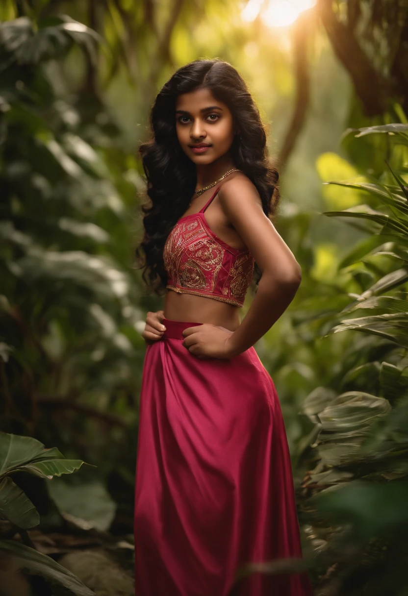 panoramic long shot of a cute 13 year old indian girl, looking at the viewer in a playful gaze, coming from a lush jungle, old classic , wavy black hair, pin up style, intricate, detailed, DSLR camera , 8K UHD, deep blacks, post processing, nubian nose, protruding teeth, wearing tight cloth, pink top, Dark red Maxi Skirt, kissing the viewer, holding a flaming torch in one hand