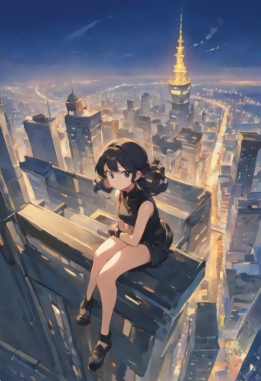 a girl wearing black top sitting on a skyscraper edge, by studio ghibli, city scenery, detailed illustration, official art, in the style of kawacy, graceful movement, nocturne, composed, hd wallpapers