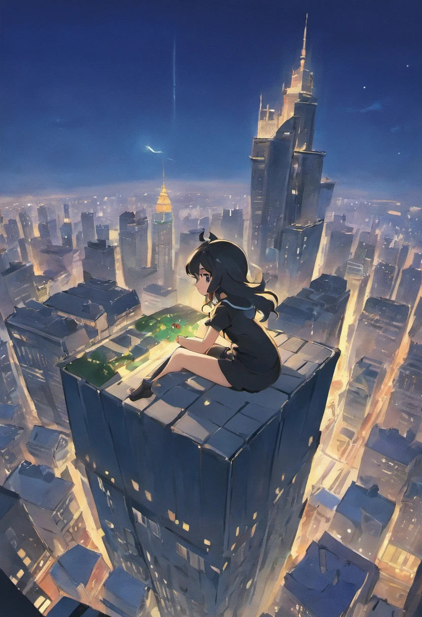 a girl wearing black top sitting on a skyscraper edge, by studio ghibli, city scenery, detailed illustration, official art, in the style of kawacy, graceful movement, nocturne, composed, hd wallpapers