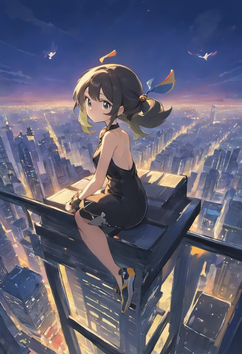 a girl wearing black top sitting on a skyscraper edge, by studio ghibli, city scenery, detailed illustration, official art, in the style of kawacy, graceful movement, nocturne, composed, hd wallpapers