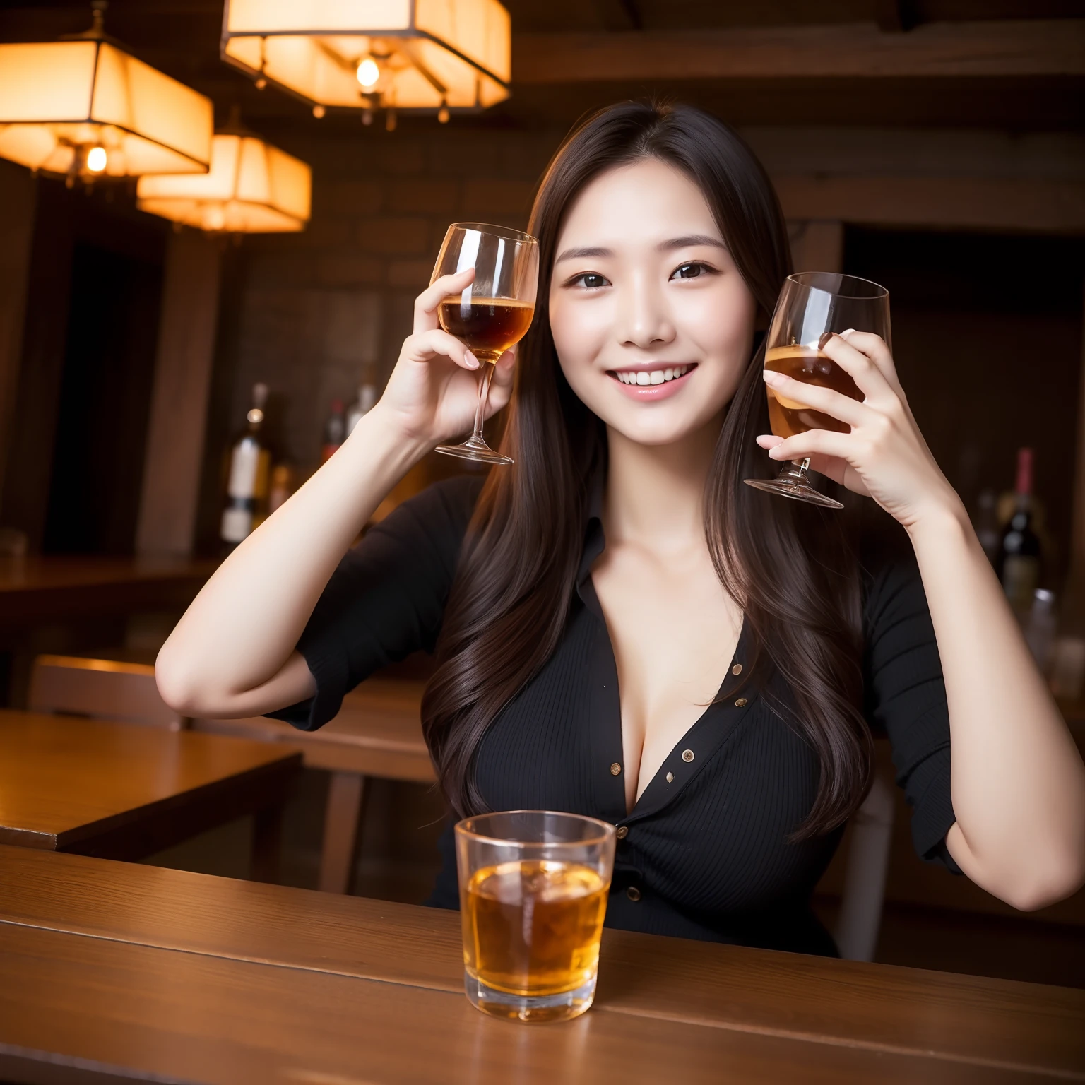 top-quality、Smiling girl with alcohol in both hands in tavern、Colossal tits、Spread your hands wide、Black shirt with open chest