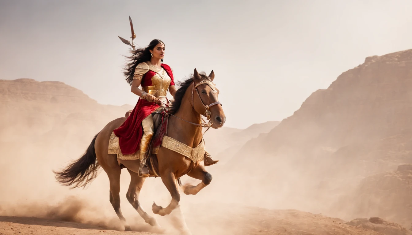 Tall and beautiful Indian princess riding on a steed,Wearing golden armor and red battle robes,Holding a sword,Although badly wounded, she is still fighting