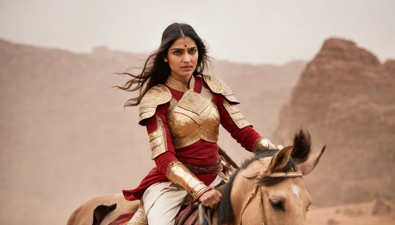 Tall and beautiful Indian princess riding on a steed，Wearing golden armor and red battle robes，Holding a sword，Although badly wounded, she is still fighting